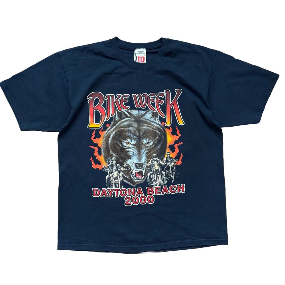 Vintage Y2K Bike Week Wolf In Flames Size L T-Shirt Motorcycle Daytona 2000